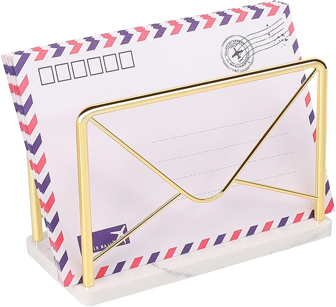 Modern Mail Holder for Home Office, Metal Letter Organizer Sorter for Desk, Cutout Mail Envelope Design, Bill Filling Paper Document Rack, Envelope Storage Rack with Marble Base