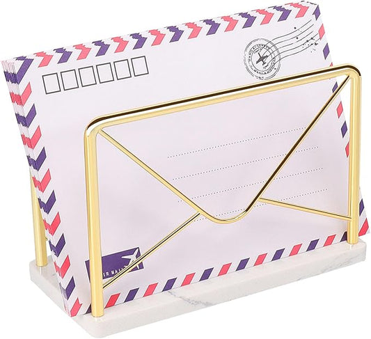 Modern Mail Holder for Home Office, Metal Letter Organizer Sorter for Desk, Cutout Mail Envelope Design, Bill Filling Paper Document Rack, Envelope Storage Rack with Marble Base