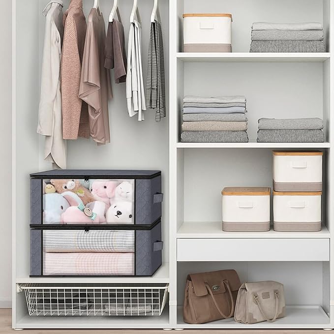 HomeHacks Storage 8-Pack Clothes Organizer Storage Bags Foldable Storage Box with Large Clear Window Sturdy Handles for Closet, Dorm, Pillows, Bedding, Clothes, Blankets, 35L, Grey-NeatNest