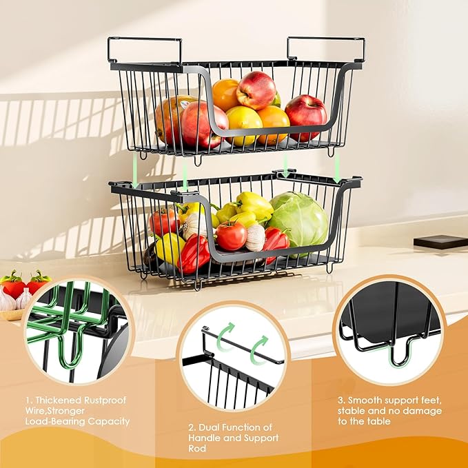 4 Pcs Stackable Wire Baskets for Pantry Organizers and Storage,Kitchen Storage Metal Baskets,Produce Potato Onion Storage Bin,Vegetable Fruit Basket for Countertop,Black