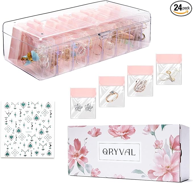 Jewelry Organizer and Storage Box with 24 EVA Anti Tarnish Bags, Travel Acrylic Case for Earrings, Necklaces & Rings, Elegant Gift for Women & Girls (S&Organizer(Clear))-NeatNest
