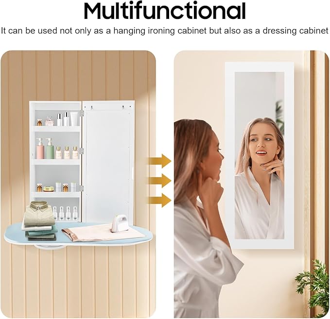 Ironing Board Cabinet Wall Mounted Storage Cabinet, Foldable Ironing Storage Station with Mirror, Built-in Rotating Ironing Board with Storage