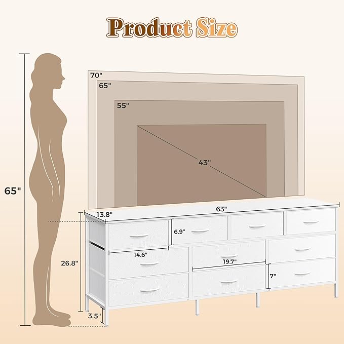 Huuger 63 Inch Dresser for Bedroom, Long Dresser with 10 Fabric Drawers, TV Stand for 55, 65, 70 Inch TV, Toy Storage Organizer for Closet, White-NeatNest