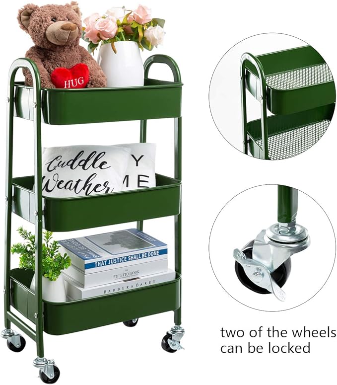 AGTEK Makeup Cart, Movable Rolling Organizer Cart, Bluish Green 3 Tier Metal Utility Cart-NeatNest