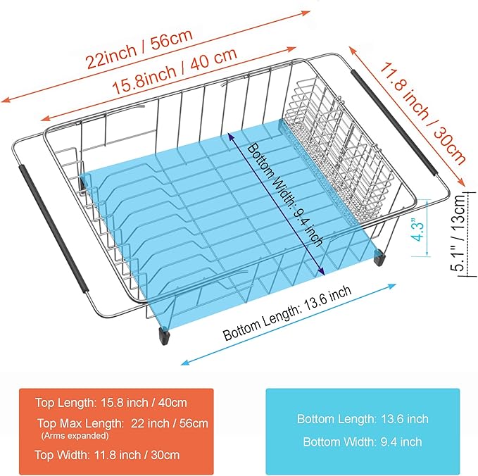 iPEGTOP Expandable Dish Drying Rack in Sink or Over Sink, Rustproof Stainless Steel Dish Drying Rack Basket Shelf, Multifunctional Dish Drainer Inside Sink Organizer with Utensil Cutlery Holder