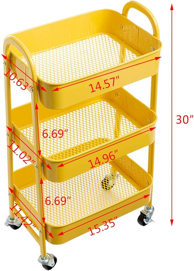 AGTEK Makeup Cart, Movable Rolling Organizer Cart, 3 Tier Metal Utility Cart, Yellow-NeatNest