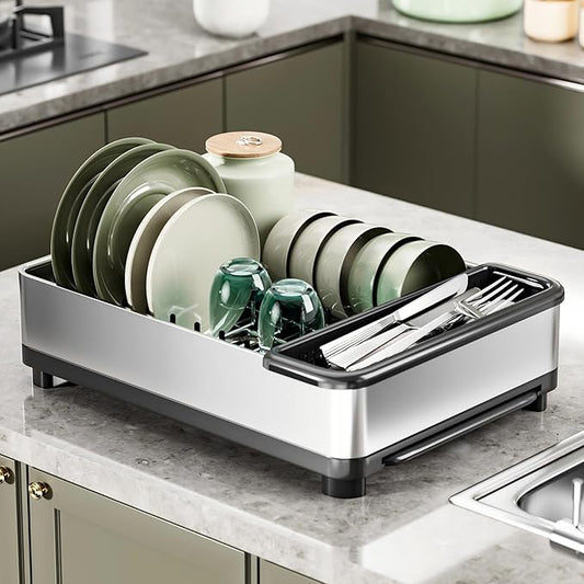 Dish Drying Rack, 304 Stainless Steel Dish Racks for Kitchen Counter, Compact Sink Dish Drainers with Drainboard & Utensil Holder, Space Saving Kitchen Organizer, Black