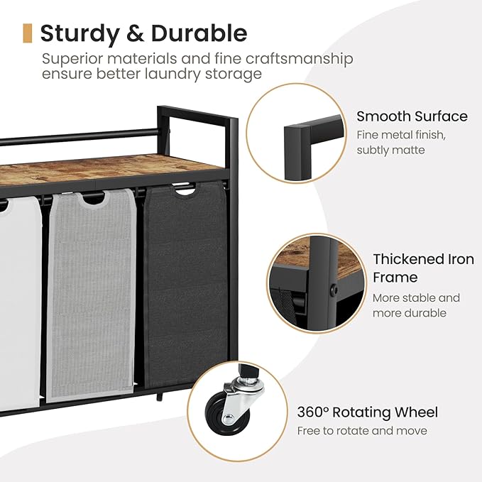 Laundry Hamper, Laundry Basket, Laundry Sorter with 3 Removable Bags, Clothes Basket with 3 Compartments, Wheels, Shelf for Laundry Room Bathroom Bedroom (3 Bags-Black Grey White)-NeatNest