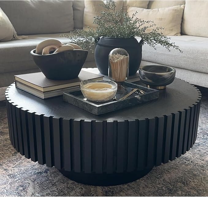 kevinplus 39.37'' Black Round Coffee Table for Living Room, Modern Wood Contemporary Circle Fluted Drum Style, Easy Assembly, Black (ø39.37'' x 13.42'')