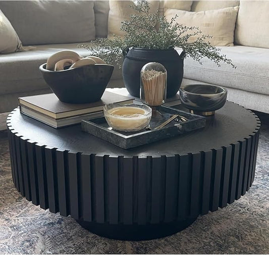 kevinplus 39.37'' Black Round Coffee Table for Living Room, Modern Wood Contemporary Circle Fluted Drum Style, Easy Assembly, Black (ø39.37'' x 13.42'')