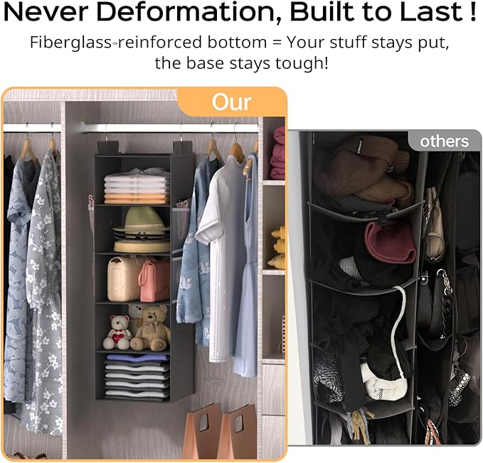 Extra Deep Hanging Closet Organizer with Shelves and Oversized Mesh Pockets, Heavy-Duty Structure, No Deformation, Max Storage for Clothes, Shoes, Hats, Dorms and RVs,1-Pack (Grey, 5 Tier)-NeatNest