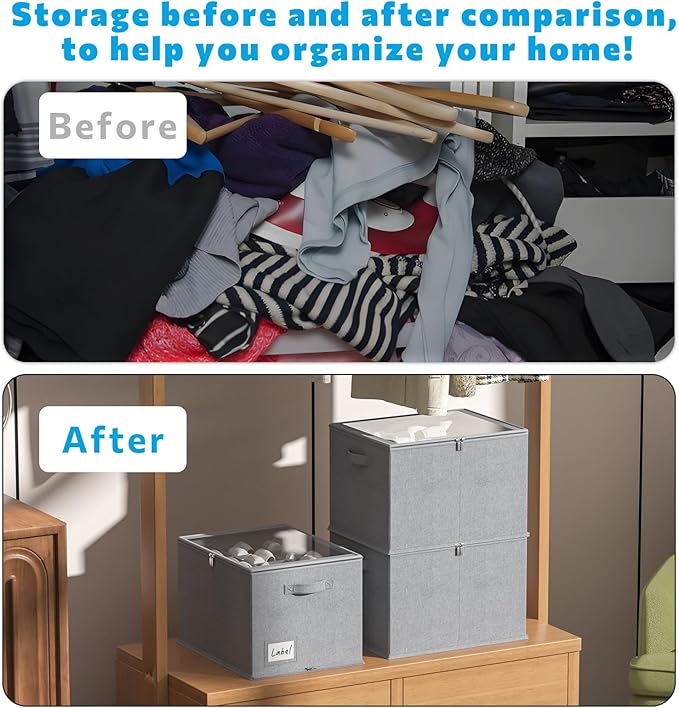 2 Pack Shoe Organizer for Closet - Shoe Storage Bins with Clear Cover, Fabric Shoe Storage Containers with Reinforced Handles, Fits up to 24 Pairs (Grey, 16.5 * 12.6 * 12.2in)-NeatNest