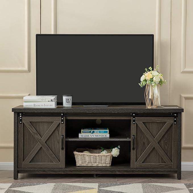 GAZHOME Modern Farmhouse TV Stand with Sliding Barn Doors, Media Entertainment Center Console Table for TVs up to 65”,2-Tier Large Storage Cabinets,Rustic TV Stand for Living Room Bedroom,Dark Grey-NeatNest