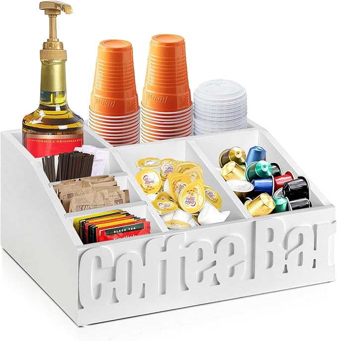 Coffee Bar Organizer for Accessories, Wood Station for Countertop, Farmhouse Pod Holders, White Condiment Organizer for Decor-NeatNest
