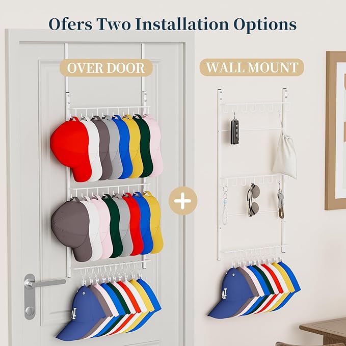 Consumest Over Door Hat Organizer - 3 Tier Wall Mounted Hat Rack with 16 Hooks and 10 Movable Clips, Hanging Baseball Cap Storage Holds up to 26 Caps for Door, Bedroom, Closet USPTO Patent Pending-NeatNest