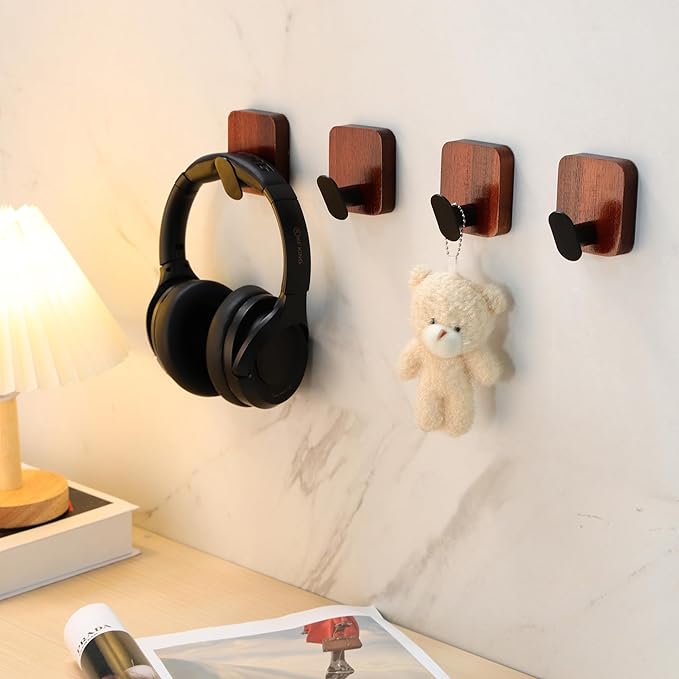 DELITON Acacia Wooden Towel Hooks Red Brown, 4 Pack Sticky Hooks for Hanging Towels, Coat, Hat, Robe, Heavy Duty, No Damage-NeatNest