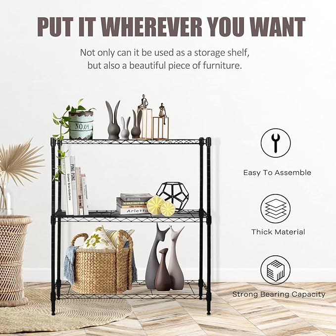 3-Tier Wire Shelving Unit Storage Shelves Shelf Organizer 30"x23"x12" Heavy Duty Metal Storage Rack Wire Rack NSF Height Adjustable for Laundry Bathroom Kitchen Garage Shelving(Black)