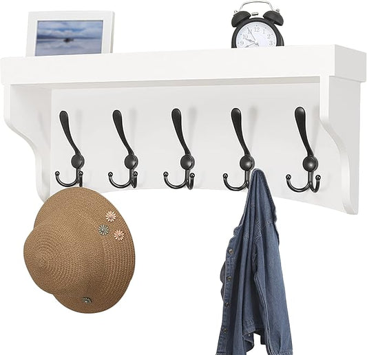 Dseap Coat Rack Wall Mounted With 5 Tri Hooks 24-Inch Heavy Duty Wood Entryway Shelf, Coat Hanger, White & Black