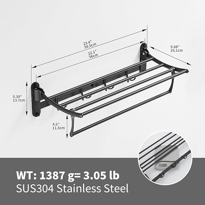 BESy 24 Inch Matte Black Towel Racks, Bathroom Towel Shelf with Foldable Towel Bar Holder and Towel Hooks, Wall Mounted Multifunctional Bathroom Accessories, Double Towel Bars-NeatNest