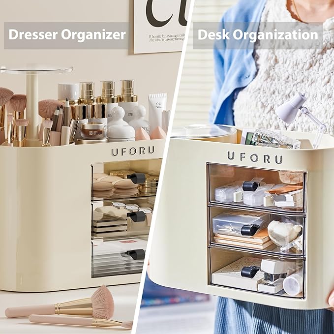Makeup Organizer with Drawers for Vanity, 4 Slot Brush Holder with One Touch Open,Spacious Cosmetic Storage for Dresser Vanity and Bathroom Countertop, Beauty Holder for Lipstick Skincare(White)-NeatNest