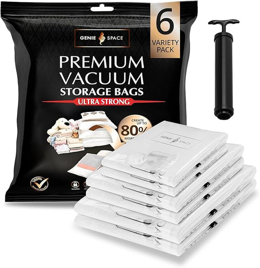 GENIE SPACE Vacuum Storage Bags - Variety Pack of 6 | 2 Extra Large + 2 Large + 2 Medium | Premium Strong, Airtight & Reusable Space Saving Vacuum Bags for Clothes & Bedding | Includes Travel Pump-NeatNest