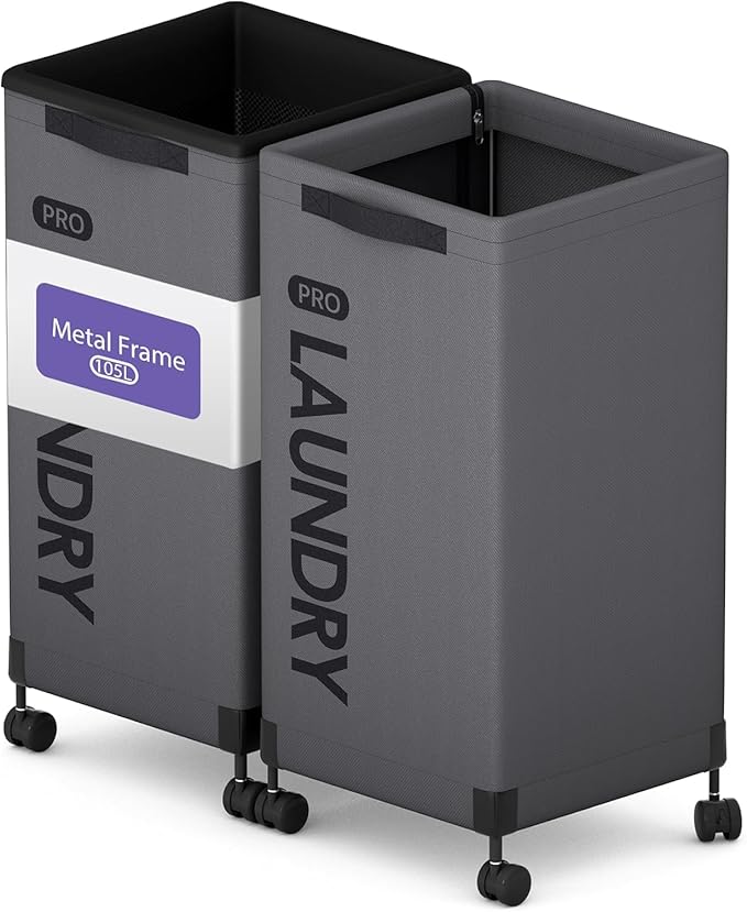Caroeas Next-Gen 105L Matel Frame Laundry Basket with wheels, Clothes Hamper For Laundry Room (105L,Grey,2Pack)