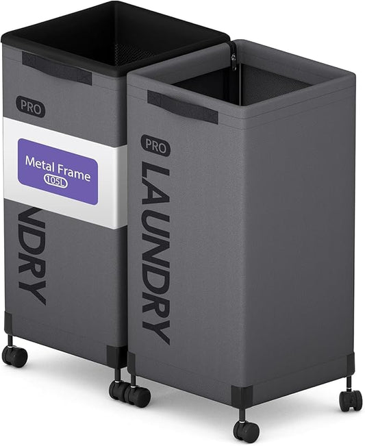 Caroeas Next-Gen 105L Matel Frame Laundry Basket with wheels, Clothes Hamper For Laundry Room (105L,Grey,2Pack)