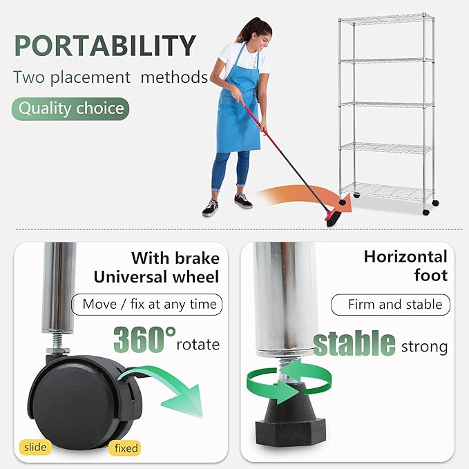 BestOffice 14Dx30Wx60H 5-Tier Wire Shelving Unit Steel Large Metal Shelf Organizer Garage Storage Heavy Duty NSF Height Adjustable Commercial Utility Storage Metal Rack on Wheels,Chrome-NeatNest