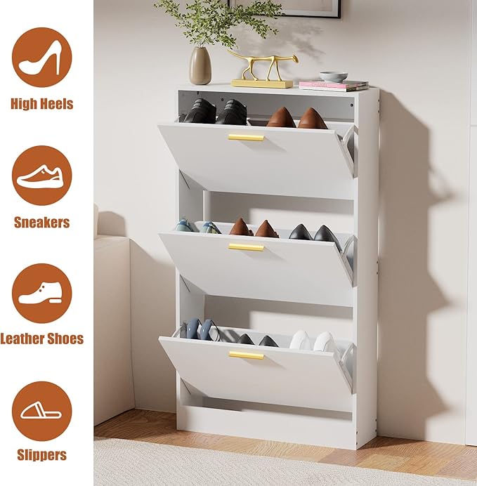 JOZZBY Shoe Cabinet Storage with 3 Flip Drawers for Entryway, White Slim Freestanding Modern Narrow Shoe Organizer Rack Cabinet for Hallway, Living Room-NeatNest