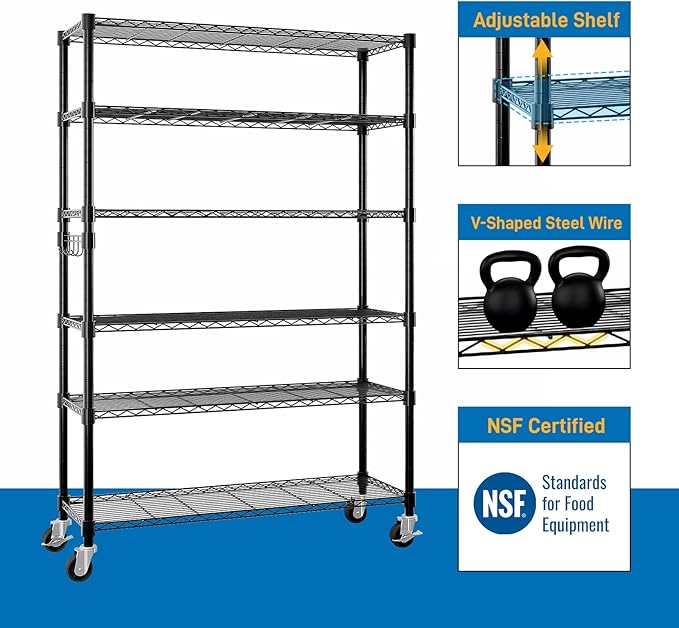 6 Tier Adjustable Storage Shelf Metal Storage Rack Wire Shelving Unit Storage Shelves Metal for Pantry Closet Kitchen Laundry