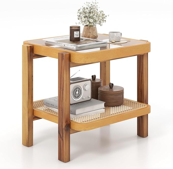 GOFLAME Rattan End Table, Boho Nightstand with Tempered Glass Top, Rattan Storage Shelf, Solid Wood Legs, Sofa Side Accent Table, 2 Tier Glass Side Table for Living Room, Bedroom, Natural