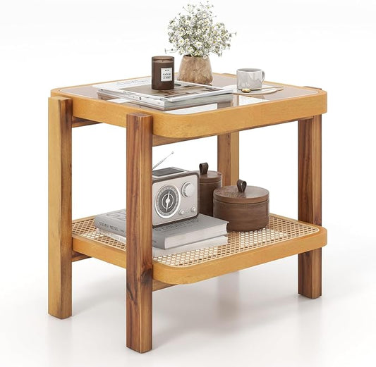 GOFLAME Rattan End Table, Boho Nightstand with Tempered Glass Top, Rattan Storage Shelf, Solid Wood Legs, Sofa Side Accent Table, 2 Tier Glass Side Table for Living Room, Bedroom, Natural