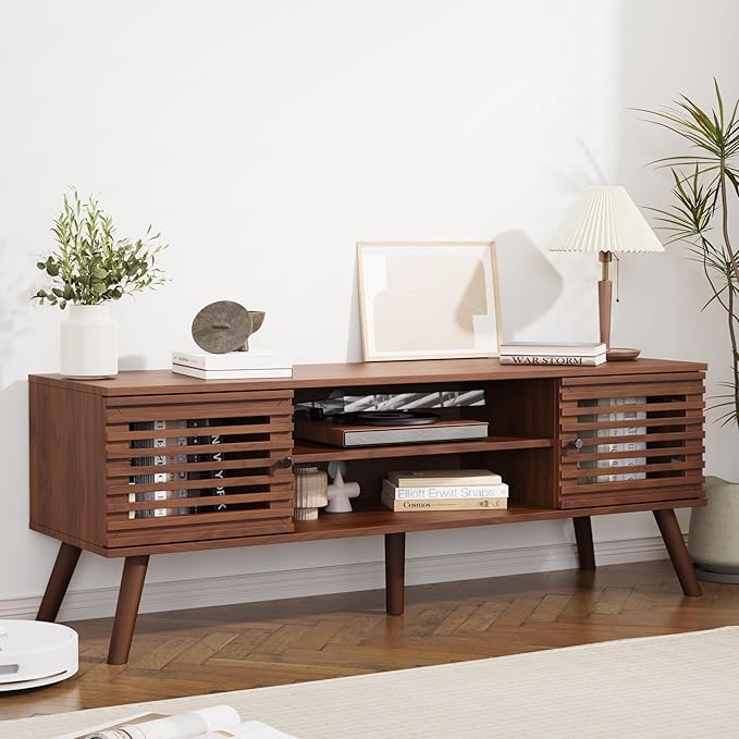 53" Mid Century Modern TV Stand for 50/55/60 inch TV, TV Media Console with Slatted Doors for TVs up to 60", Entertainment Center with Storage for Living Room, Bedroom, Walnut-NeatNest