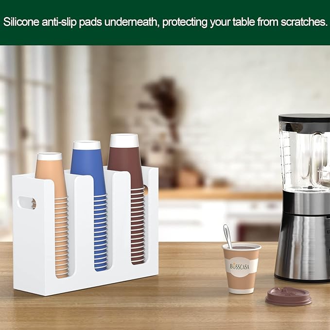 Disposable Coffee Cup Dispenser with Handles, Countertop or Wall Mount Hot/Cold Drink Cup and Lid Holder - Bathroom/Kitchen/Office Acrylic Cup Lid Storage Organizer (3 Compartments, White)-NeatNest