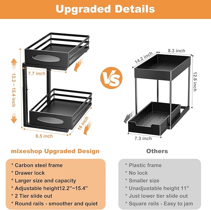 Under Sink Organizer, 2 Tier Under Sink Organizers and Storage, Adjustable Height, Slide out Metal Cabinet Organizers, Pull out Cabinet Storage Drawer Shelf for Kitchen Bathroom Black, 1 Pack-NeatNest