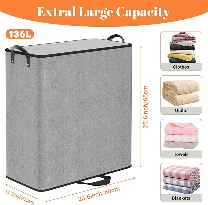 Large Double Laundry Hamper with Lid, Removable Bags & Reinforced Handles, 2 Section Tall Laundry Basket, Dirty Clothes Hampers for Laundry Room, Bedroom, Bathroom, Dorm, 136L, Gray-NeatNest
