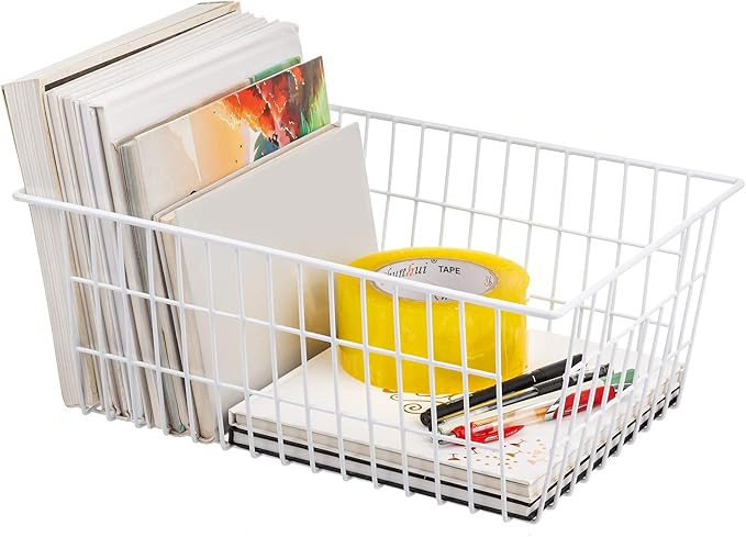 iPEGTOP Wire Storage Freezer Baskets, Set of 2 Large 15.4" Household Metal Organizer Storage Bins Basket for Kitchen Cabinets, Refrigerators, White