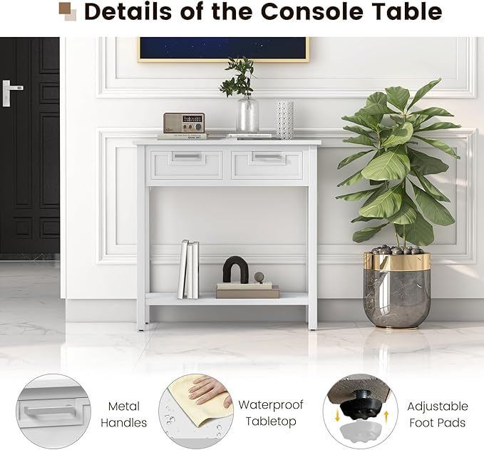 GOFLAME Small Console Table with 2 Drawers, 31” Entry Table with Storage Shelf, Modern, Narrow Sofa Table for Living Room, Hallway, Entrance (White)-NeatNest