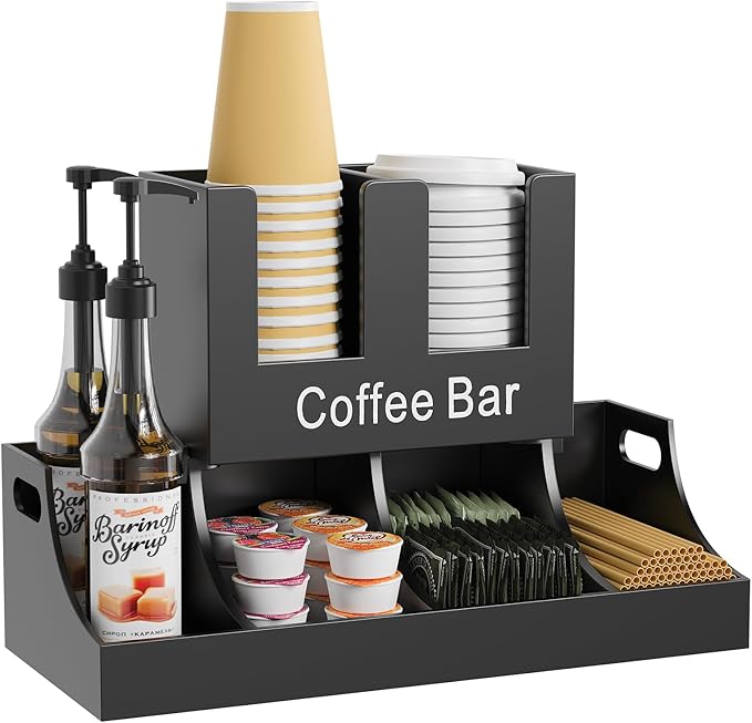 Coffee Station Organizer, Wooden Coffee Bar Organizer for Countertop, Condiment and Cup Storage Organizer, Bar Accessories for Kitchen, Office, Home, Black-NeatNest