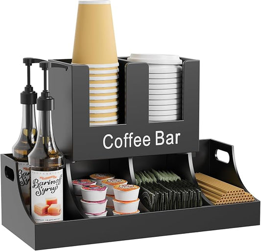 Coffee Station Organizer, Wooden Coffee Bar Organizer for Countertop, Condiment and Cup Storage Organizer, Bar Accessories for Kitchen, Office, Home, Black-NeatNest