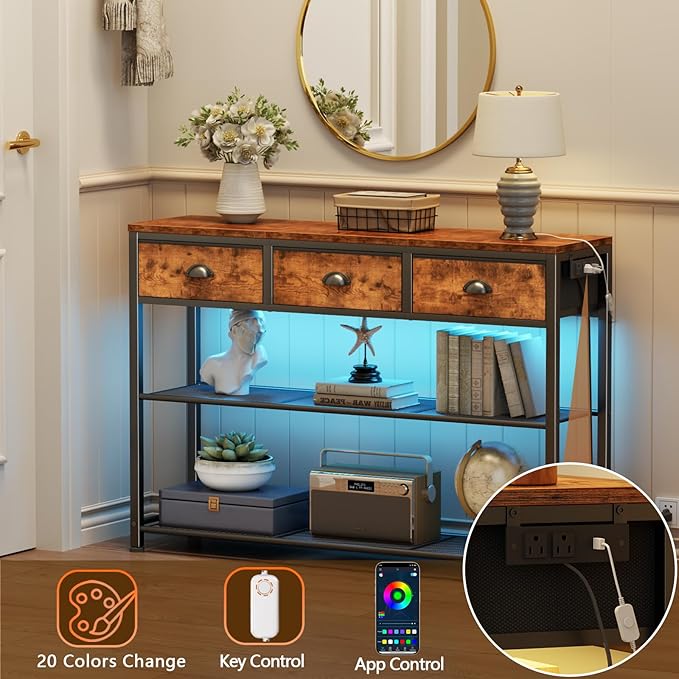 Furologee Console Table with Charging Station & 3 Fabric Drawers, 38'' Entryway Table with Storage Shelves and LED Light for Entry Way, Industrial Display Shelf for Hallway, Foyer, Rustic Brown-NeatNest