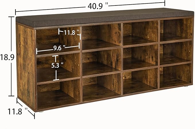 DINZI LVJ Shoe Storage Bench with Cushion, Cubby Shoe Rack with 12 Cubbies, Adjustable Shelves, Multifunctional Shoe Organizer Bench for Entryway, Mudroom, Hallway, Closet and Garage, Rustic Brown-NeatNest