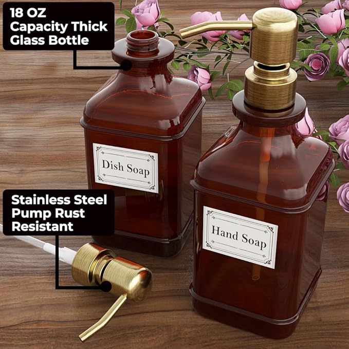 GLADPURE Soap Dispenser 2 Pack, Hand Soap Dispensers with 18 Oz Antique Design Thick Amber Glass Bottle, 316 Rust Proof Stainless Steel Pump, 6Pcs Stickers, for Lotion, Soap - Brushed Gold-NeatNest
