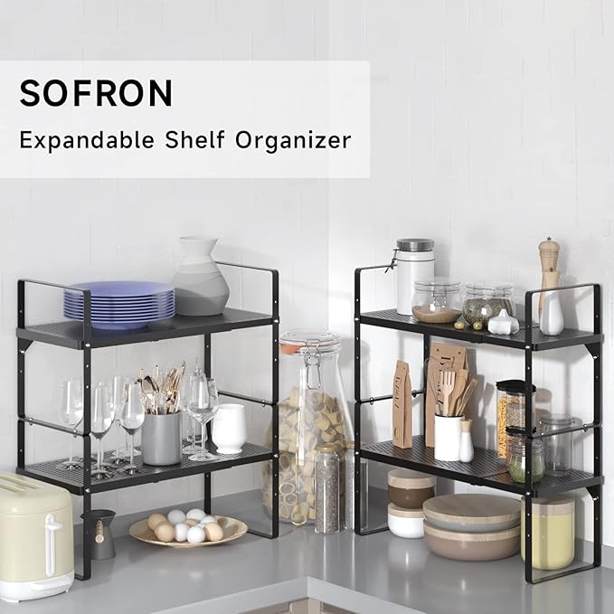 Expandable Cabinet Storage Shelf Stackable Organizer Rack for Kitchen Bathroom Pantry Spice Cupboard Coffee Countertop Home Office Desk Heavy Duty Nonslip Black Large 1 PACK-NeatNest