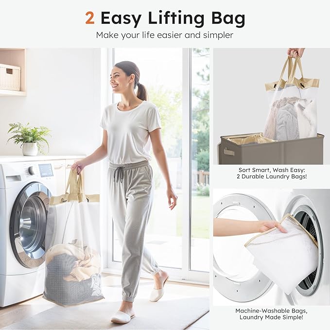 SOLEDI Large Double Laundry Hamper with Lid, Collapsible Clothes Hamper 2 section with Removable Bags, Space-Saving Laundry Basket for Bedroom, Dorm, College-NeatNest