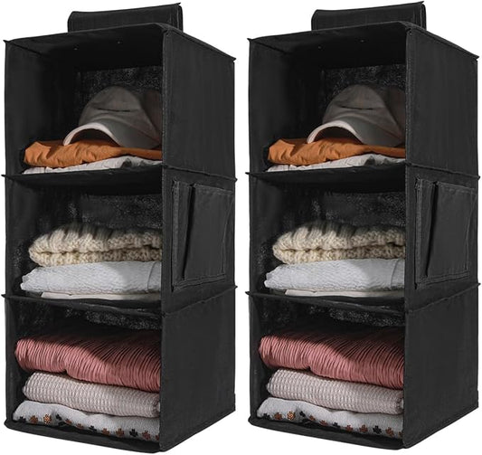 2 Packs Hanging Closet Organizer Stroage, 3-Shelf Hanging Shelves with Bamboo Inserts & Side Pocket, Black-NeatNest