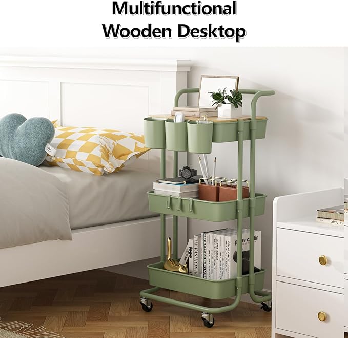 3 Tier Rolling Cart with Metal Handle, Table Top, Hanging Cups, Hooks, Plastic Storage Baskets& Wheels Lockable, Utility Cart for Bathroom Classroom Office Kitchen Pantry Organizers and Storage, Green-NeatNest