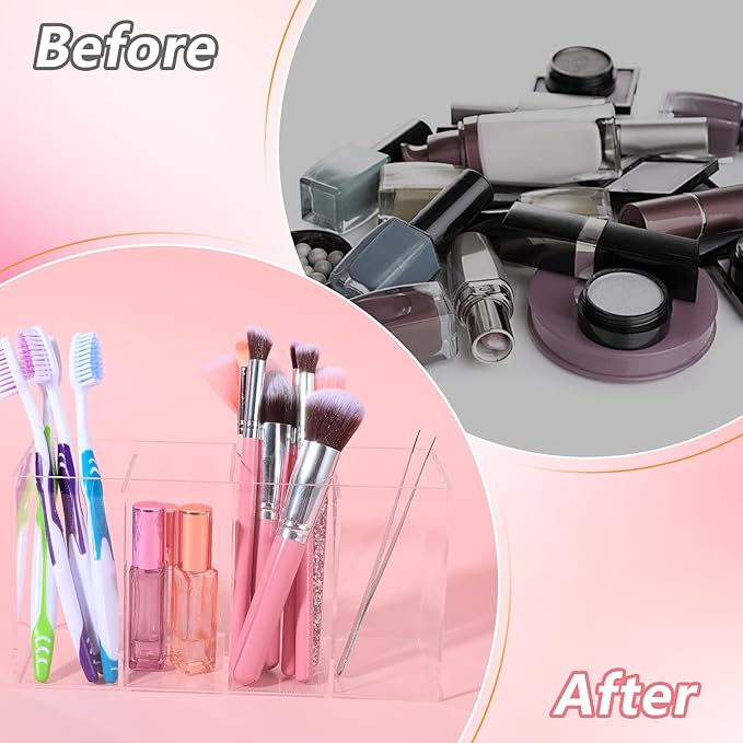 2 Pack 4 Compartment Acrylic Makeup Organizer and Storage with Lid Bathroom Storage with 4 Tray Eyelash Mascara Brushes Organizer Brush Holder for Cosmetics, Cotton Balls or Office Supplies-NeatNest
