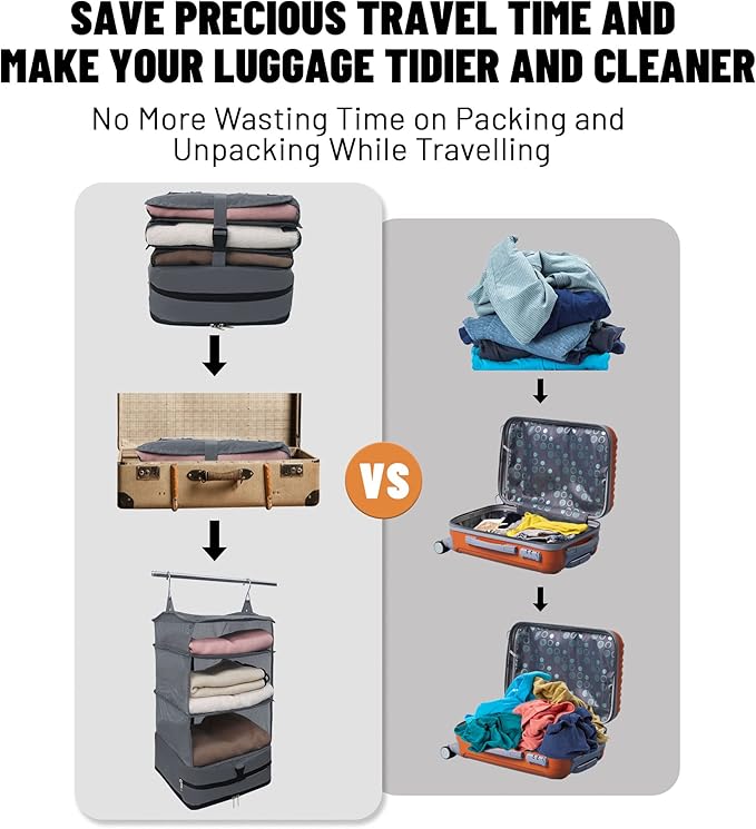 Caroeas Portable Hanging Travel Shelves Bag Suitcase Organizer Carry-on Closet Packing Cubes for Travel, 4-Shelf Suitcase Closet with 2 Hooks, Large Capacity, Gray-NeatNest