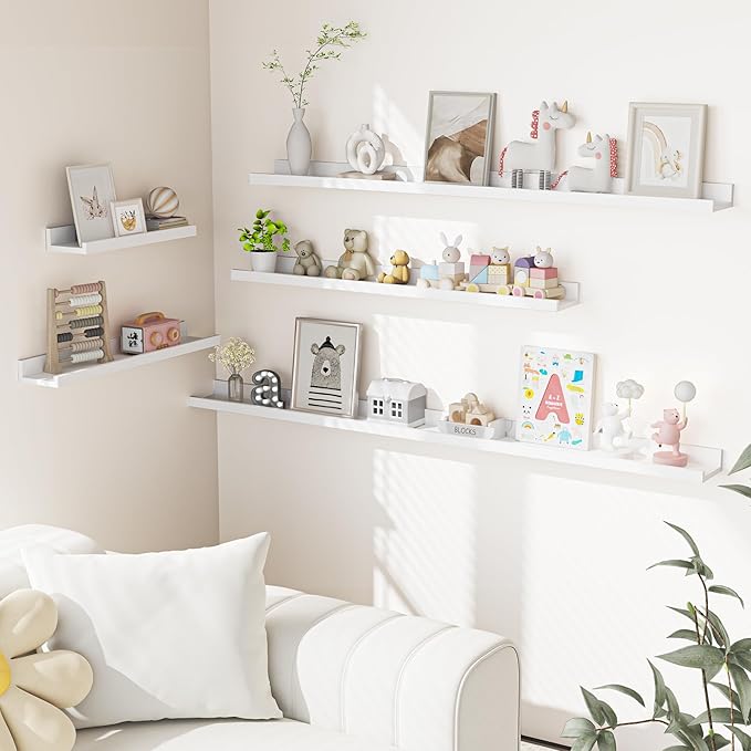 Heimlove Picture Ledge Shelf, Floating Shelves Set of 2, 72 Inches Long Large Picture Shelf for Wall with Ledge, Kids Bookshelf Wall Mounted for Living Room Bedroom Decor Books Photo Frames, White-NeatNest
